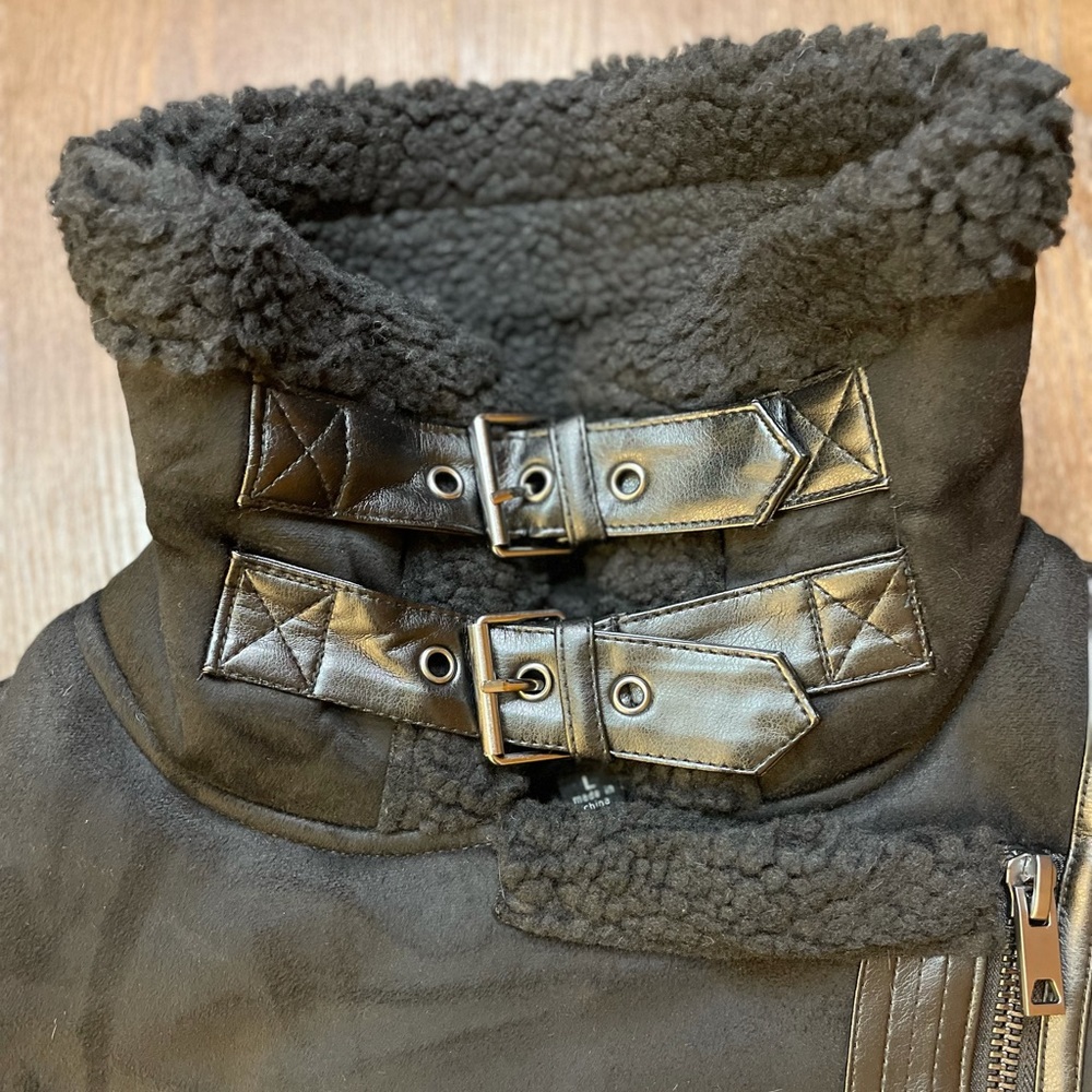 BLACK FAUX FUR SUEDE MOTO JACKET BIKER COAT - Picture 8 of 15